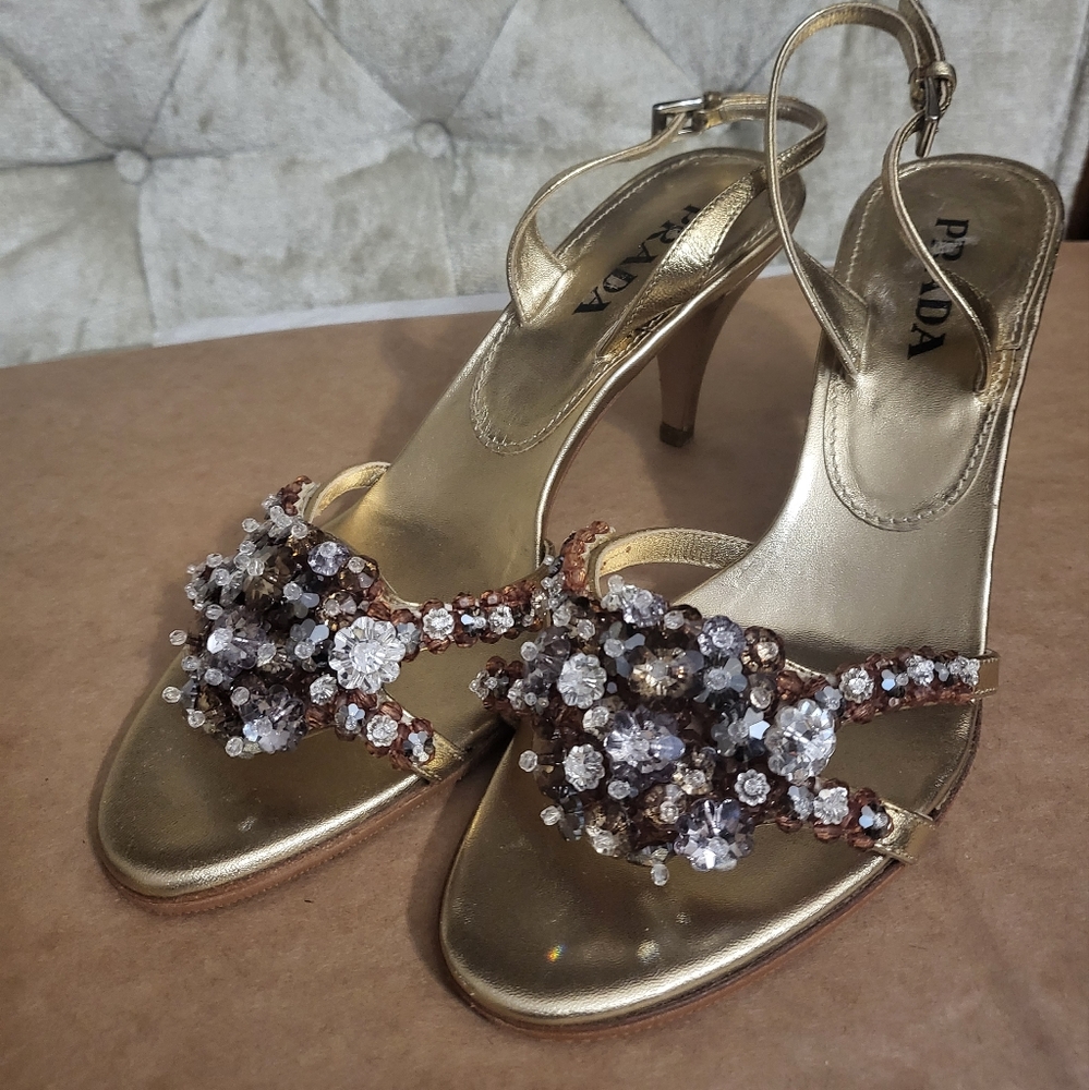 Authentic Prada metalic gold with crystals sandal - Picture 1 of 8